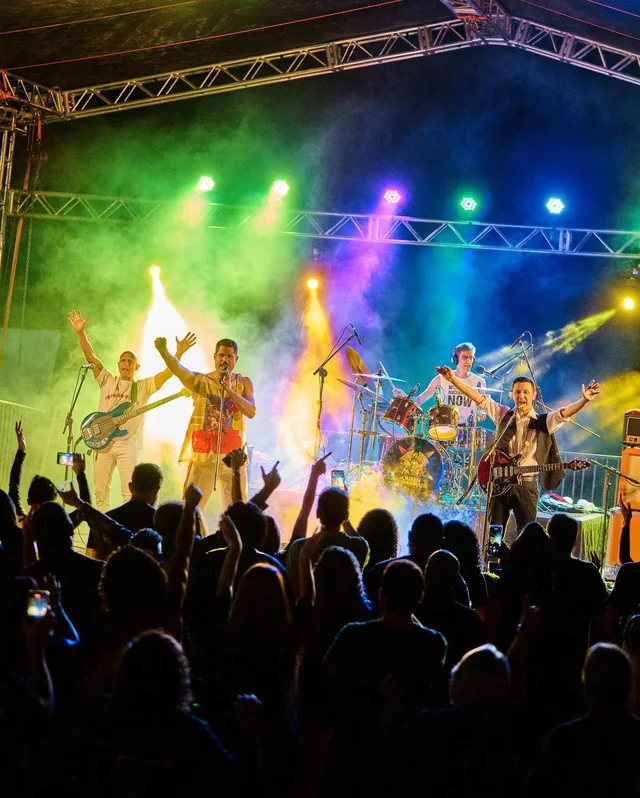 Público diante de um show com luzes coloridas
